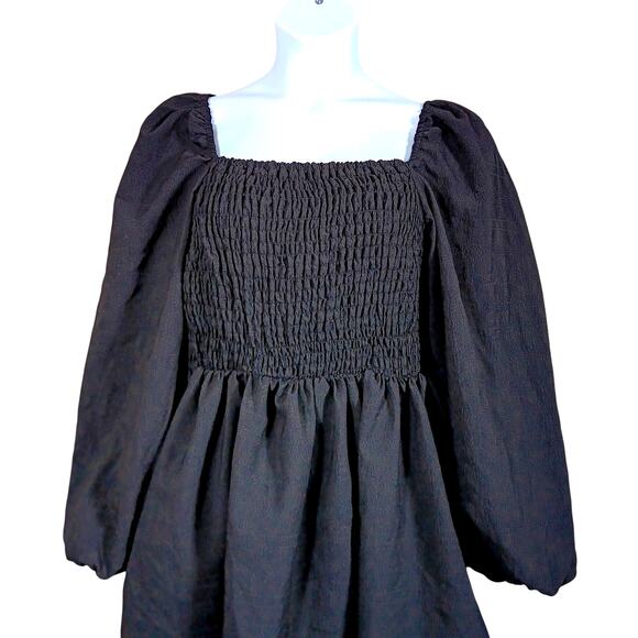 H&M Wednesday Goth Dress Size 16 Shirred Bodice Balloon Sleeves Square Neckline - Picture 3 of 9